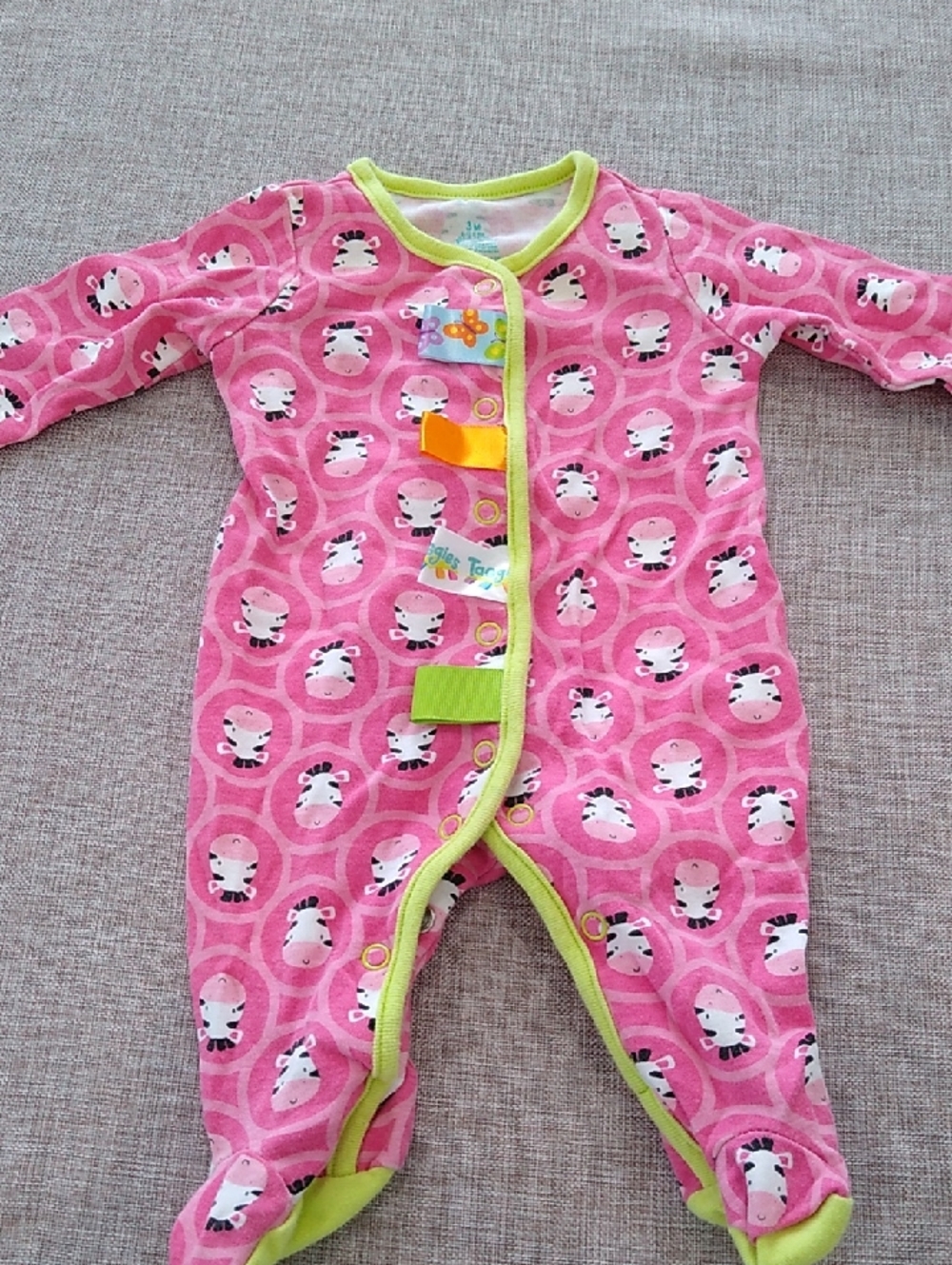 Taggies Pink Zebra-Print Footed One-Piece with Lime Trim